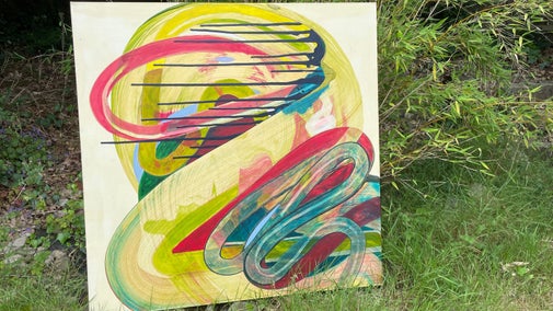 Abstract painting featuring layered looping shapes and sweeping brushstrokes in pink, yellow, green, teal, and blue, with dark linear accents and a cream background, displayed outdoors on grass.
